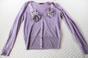 RYU Cardigan Sweater Women Purple Floral Ribbon Rosette Button Knit Top Size L